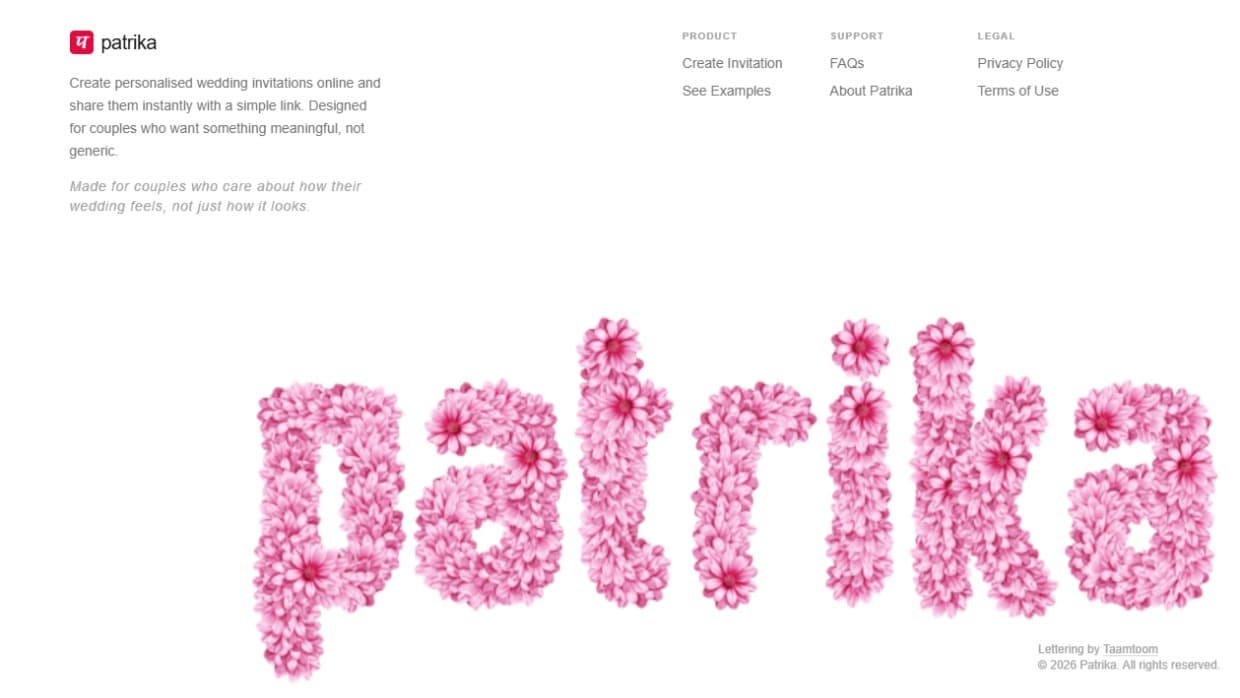 Patrika's site footer, with the word "patrika" in large pink flower lettering.
